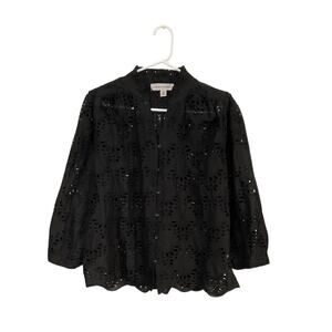 Eyelet Black Ruffle Collar V-Neck Womens Top Sz Large Button Closure Puff Sleeve